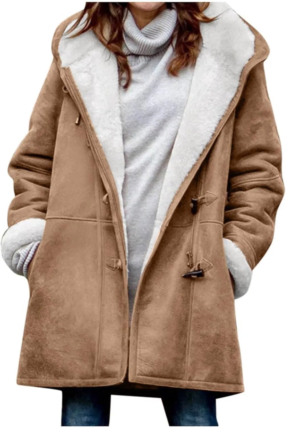 Womens Sherpa Lined Jackets Fashion Winter Fuzzy Fleece Hoodie Sweatshirt Casual Soft Cozy Horn Button Down Coats