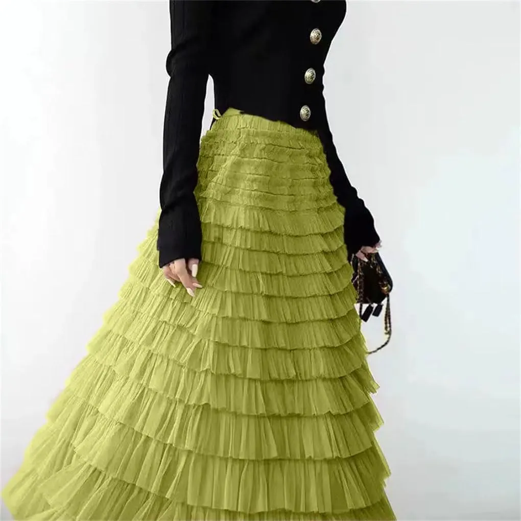 Women's Skirts A-Line Elastic Waist Multilayer Ruffles Casual Party Pleated Tulle Skirt