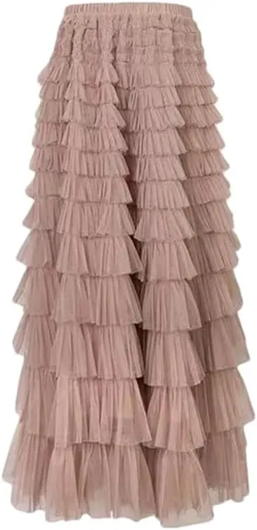 Women's Skirts A-Line Elastic Waist Multilayer Ruffles Casual Party Pleated Tulle Skirt