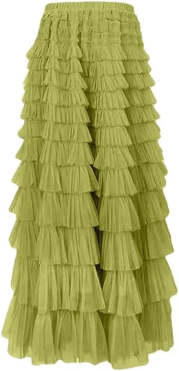 Women's Skirts A-Line Elastic Waist Multilayer Ruffles Casual Party Pleated Tulle Skirt
