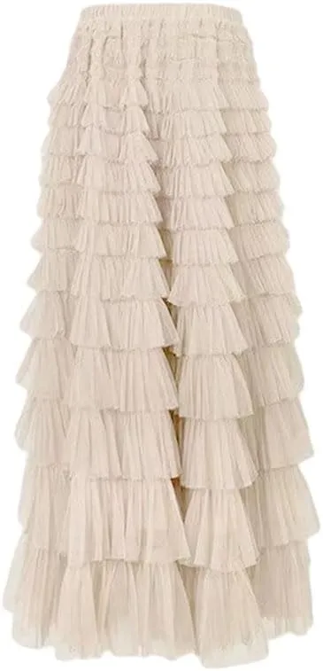 Women's Skirts A-Line Elastic Waist Multilayer Ruffles Casual Party Pleated Tulle Skirt