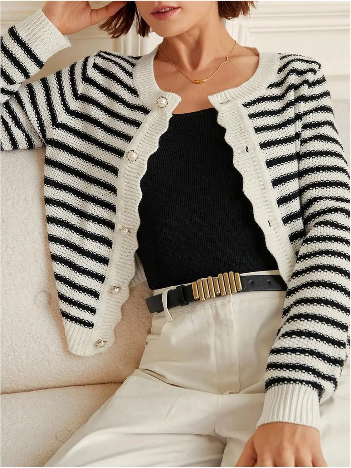 Women's Striped Button Front Scallop Trim Cardigan Casual Long Sleeve Knitted Sweaters