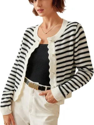 Women's Striped Button Front Scallop Trim Cardigan Casual Long Sleeve Knitted Sweaters