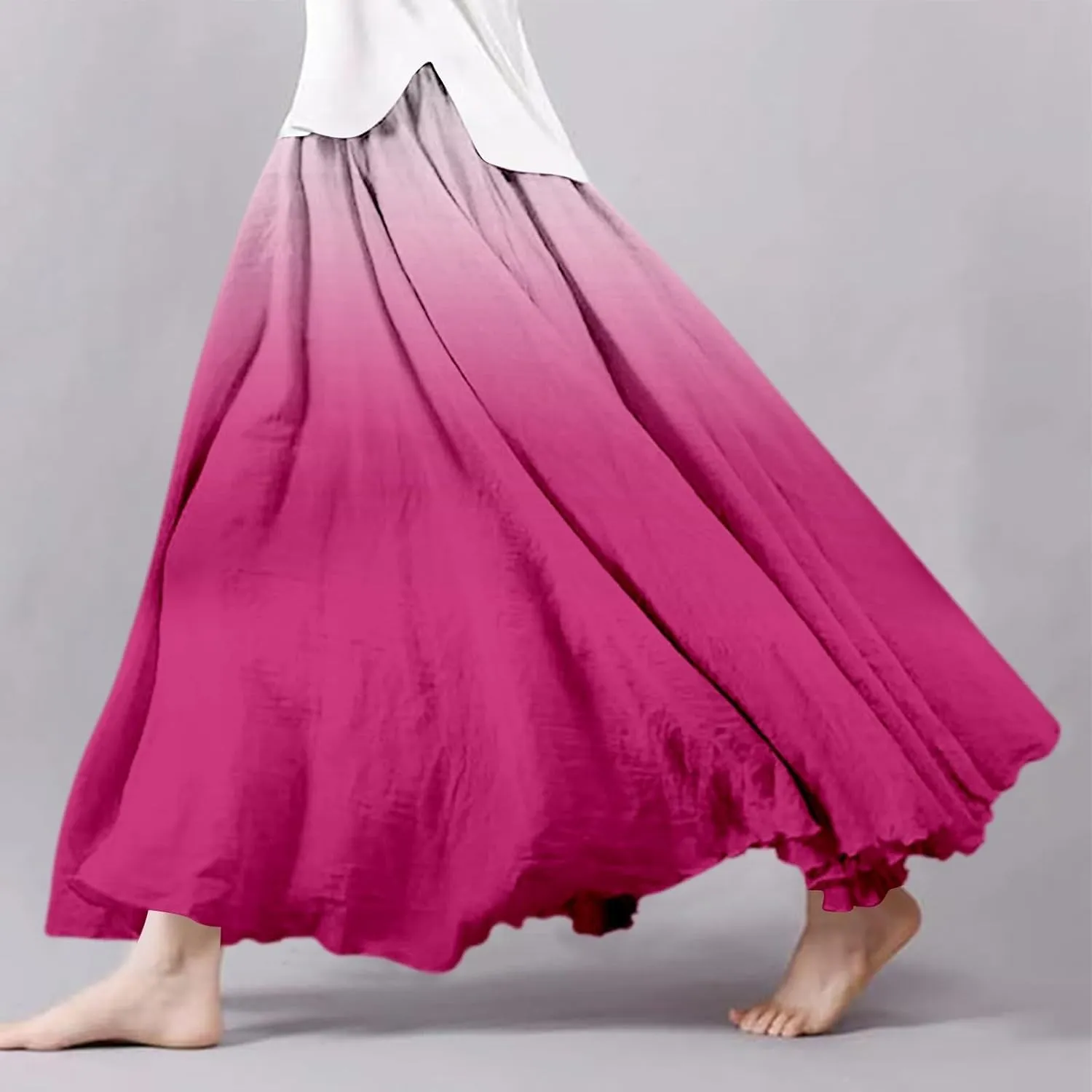 Women's Summer Boho Maxi Skirts Coton Linen A-Line Flowy Ruffle High Waist Beach Long Skirt Summer Broomstick Skorts