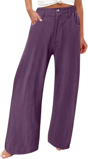 Women's Summer Linen Palazzo Pants Casual Lightweight Straight Wide Leg Trousers Elastic Band Plain Joggers Comfy Yoga Pants