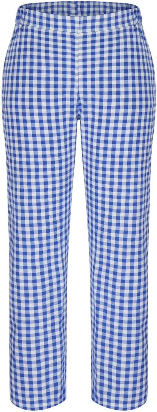 Womens Summer Pants Casual Cotton Linen Checkered Straight Leg Pants Loose Fit Work Business Long Trousers
