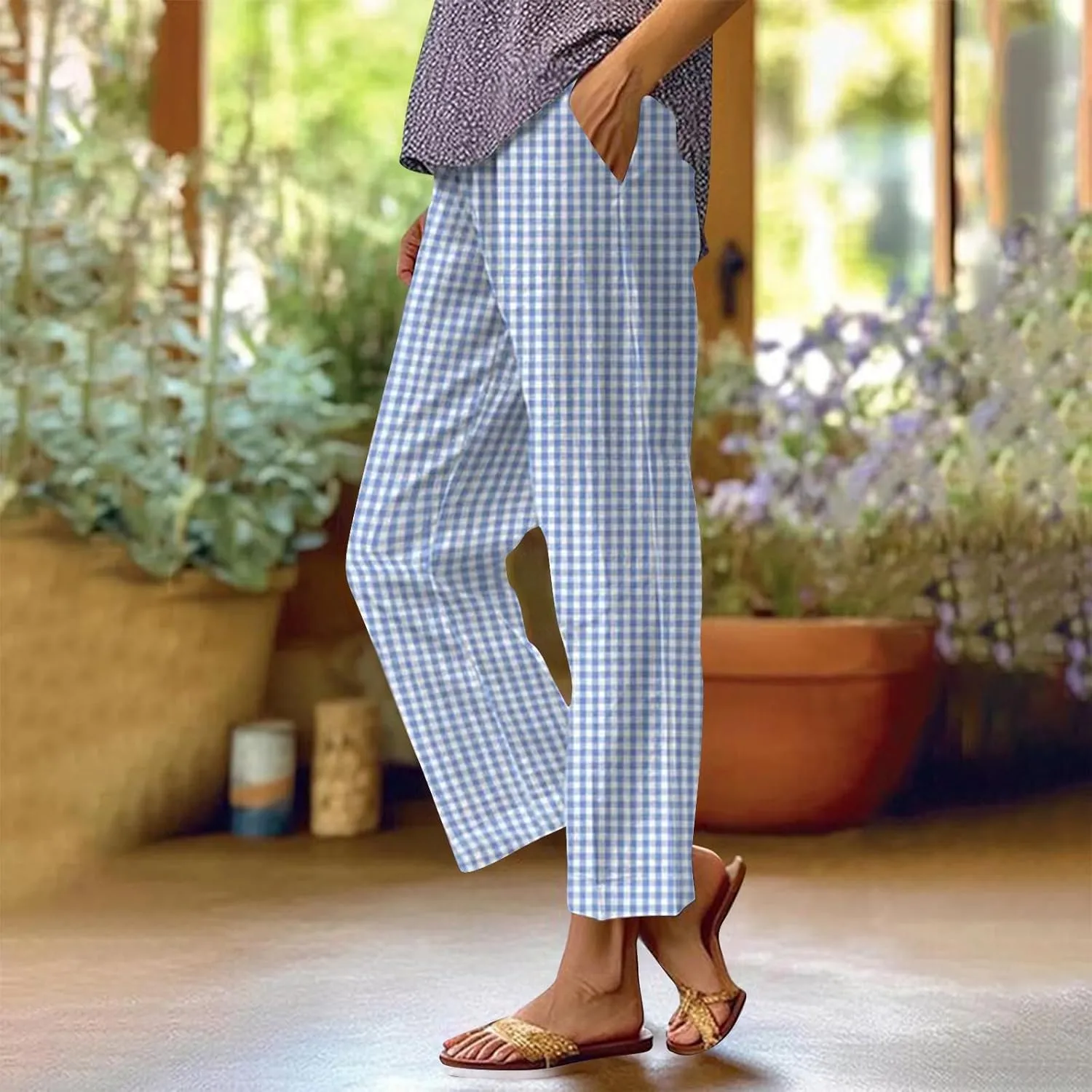 Womens Summer Pants Casual Cotton Linen Checkered Straight Leg Pants Loose Fit Work Business Long Trousers