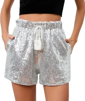 Women's Summer Sequins Shorts High Waist Casual Loose A Line Hot Pants Sparkly Clubwear Night-Out Skorts