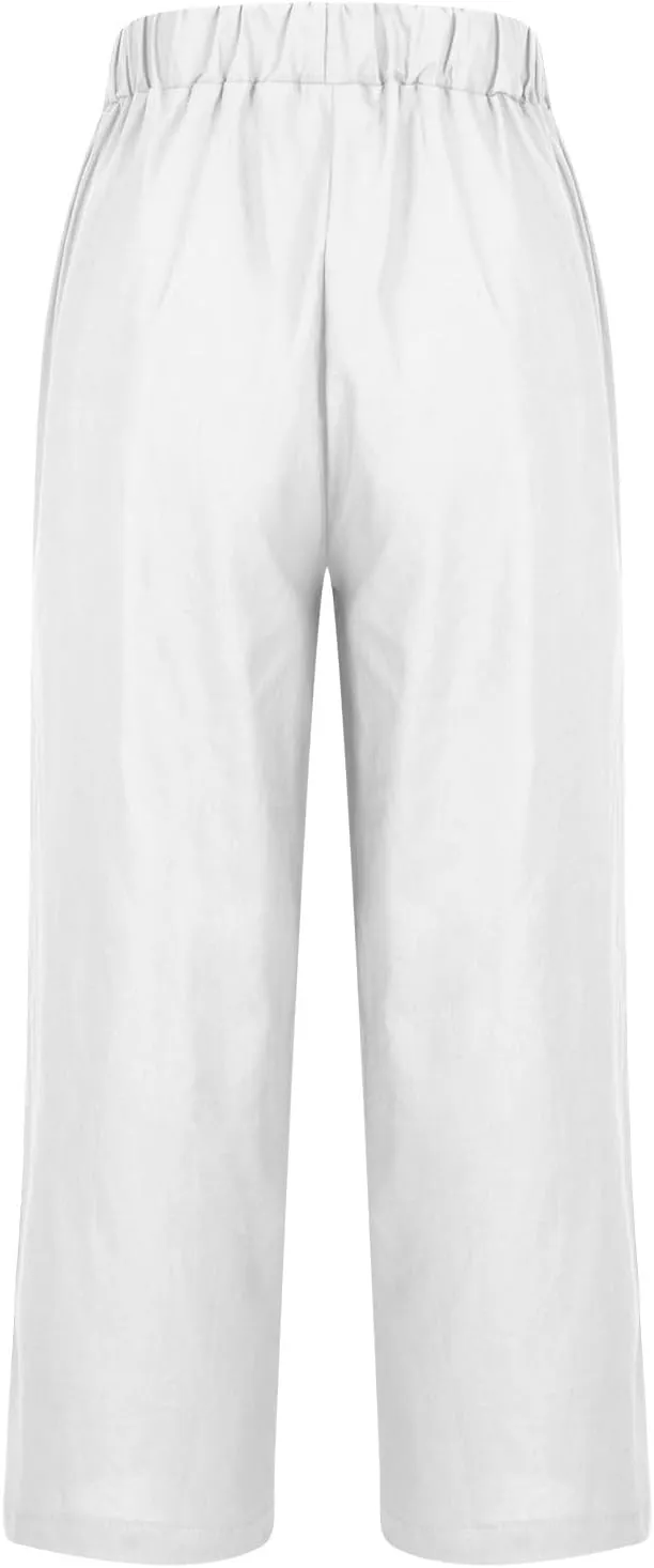 Womens Summer Vacation Pants Straight Wide Leg Cotton Linen Trousers Lightweight Clothing with Pockets