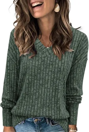 Womens Sweaters V Neck Long Sleeve Shirts Loose Casual Fall Fashion Sweatshirts