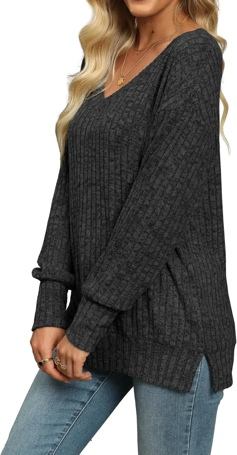 Womens Sweaters V Neck Long Sleeve Shirts Loose Casual Fall Fashion Sweatshirts
