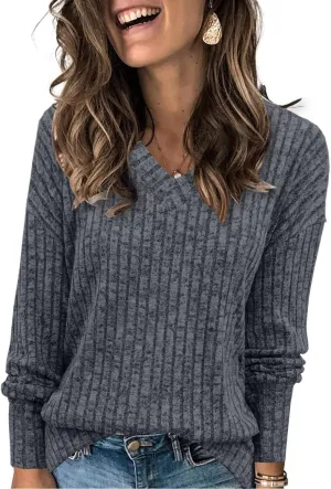 Womens Sweaters V Neck Long Sleeve Shirts Loose Casual Fall Fashion Sweatshirts