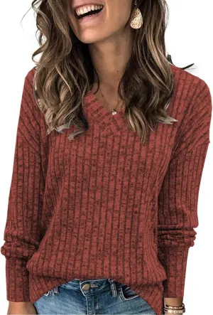 Womens Sweaters V Neck Long Sleeve Shirts Loose Casual Fall Fashion Sweatshirts