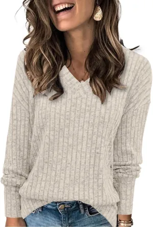 Womens Sweaters V Neck Long Sleeve Shirts Loose Casual Fall Fashion Sweatshirts
