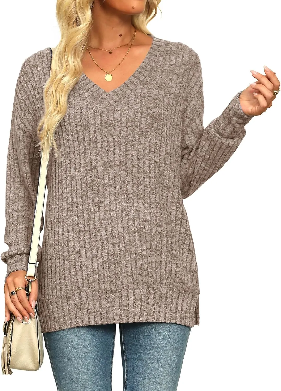 Womens Sweaters V Neck Long Sleeve Shirts Loose Casual Fall Fashion Sweatshirts