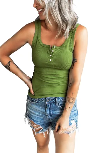 Women's Tank Tops Summer Casual Sleeveless Ribbed Button Down T Shirts Slim Fit Basic Henley Tops