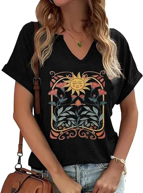 Womens Vintage Flowers V Neck Shirt Boho Floral Wildflowers Graphic Tee Casual Graphic Tees Tops for Girl