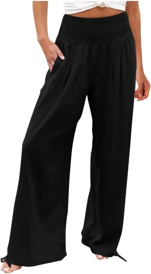 Women's Wide Leg Pants Summer 2025 Pleated Elastic Waist Linen Casual Lounge Pant 2025 Palazzo Trousers Loose Outfits
