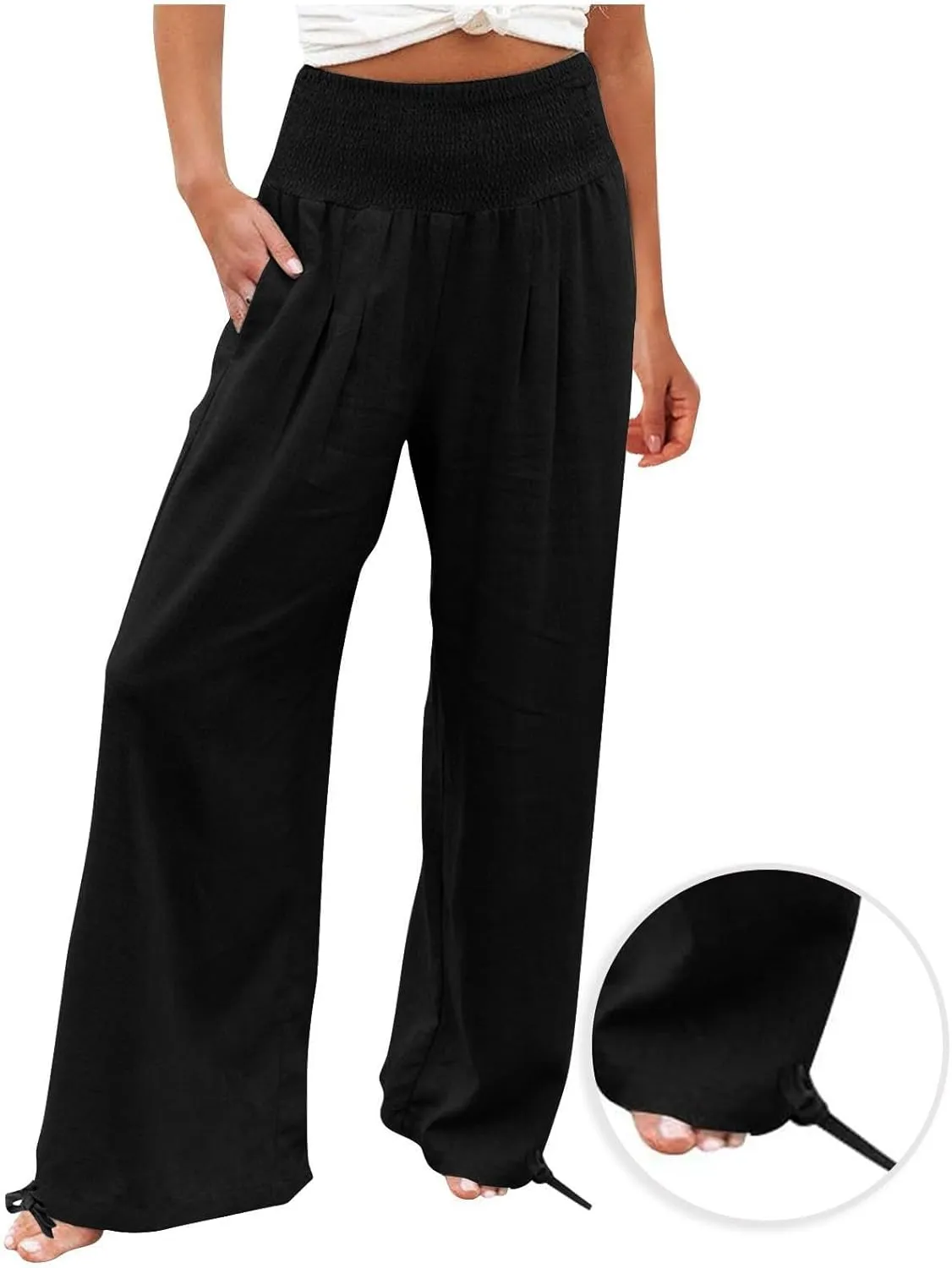 Women's Wide Leg Pants Summer 2025 Pleated Elastic Waist Linen Casual Lounge Pant 2025 Palazzo Trousers Loose Outfits