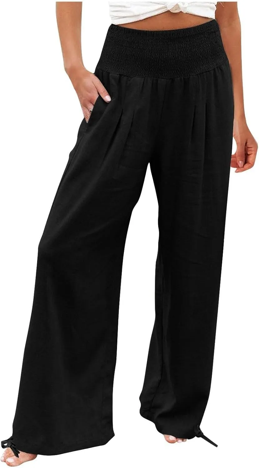 Women's Wide Leg Pants Summer 2025 Pleated Elastic Waist Linen Casual Lounge Pant 2025 Palazzo Trousers Loose Outfits