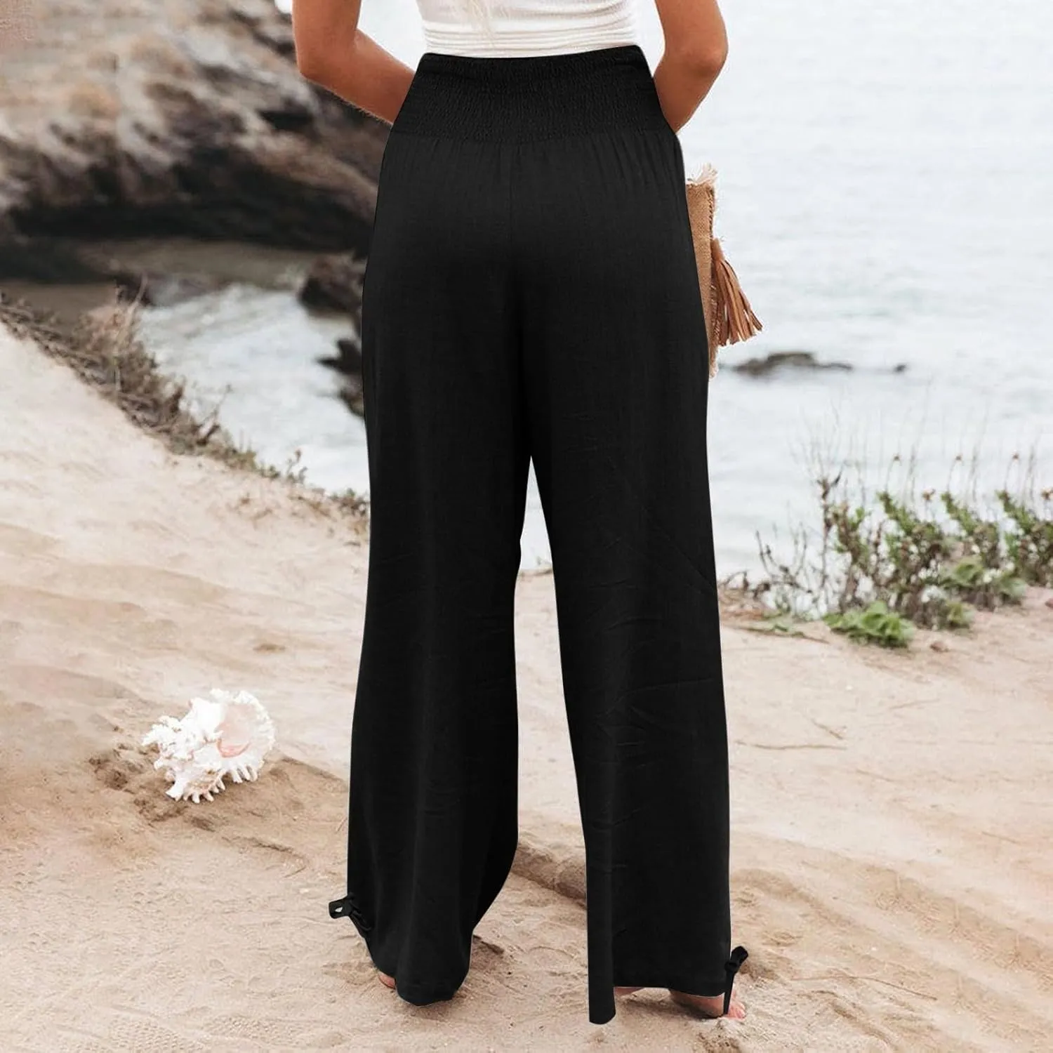 Women's Wide Leg Pants Summer 2025 Pleated Elastic Waist Linen Casual Lounge Pant 2025 Palazzo Trousers Loose Outfits