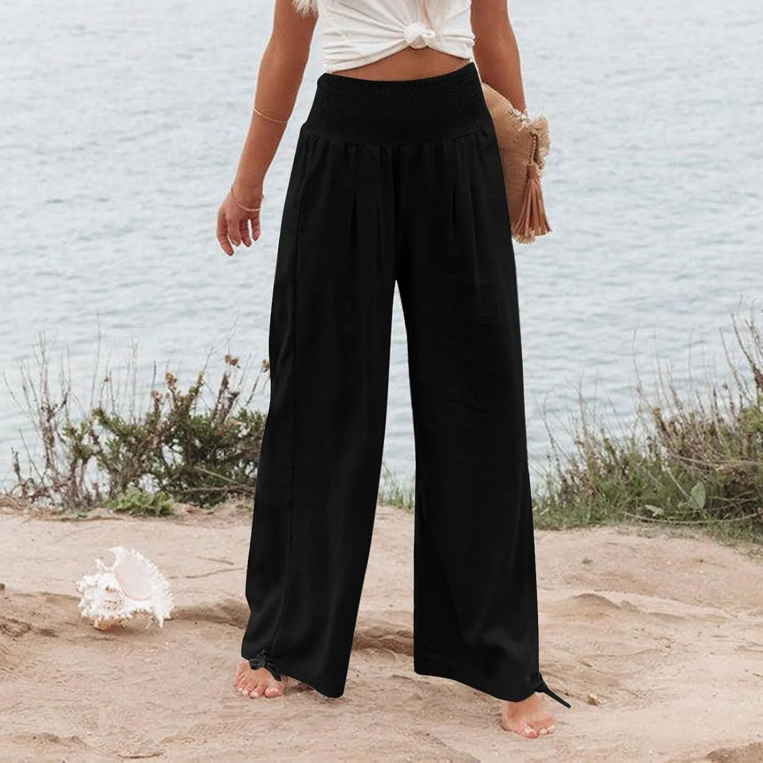 Women's Wide Leg Pants Summer 2025 Pleated Elastic Waist Linen Casual Lounge Pant 2025 Palazzo Trousers Loose Outfits