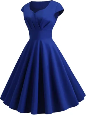 Women's Wrap V Neck Short Flared Sleeve Wedding Guest Dress Smocked Elastic Waist Pleated Ruffle Hem Mini Dress