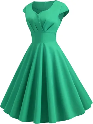 Women's Wrap V Neck Short Flared Sleeve Wedding Guest Dress Smocked Elastic Waist Pleated Ruffle Hem Mini Dress