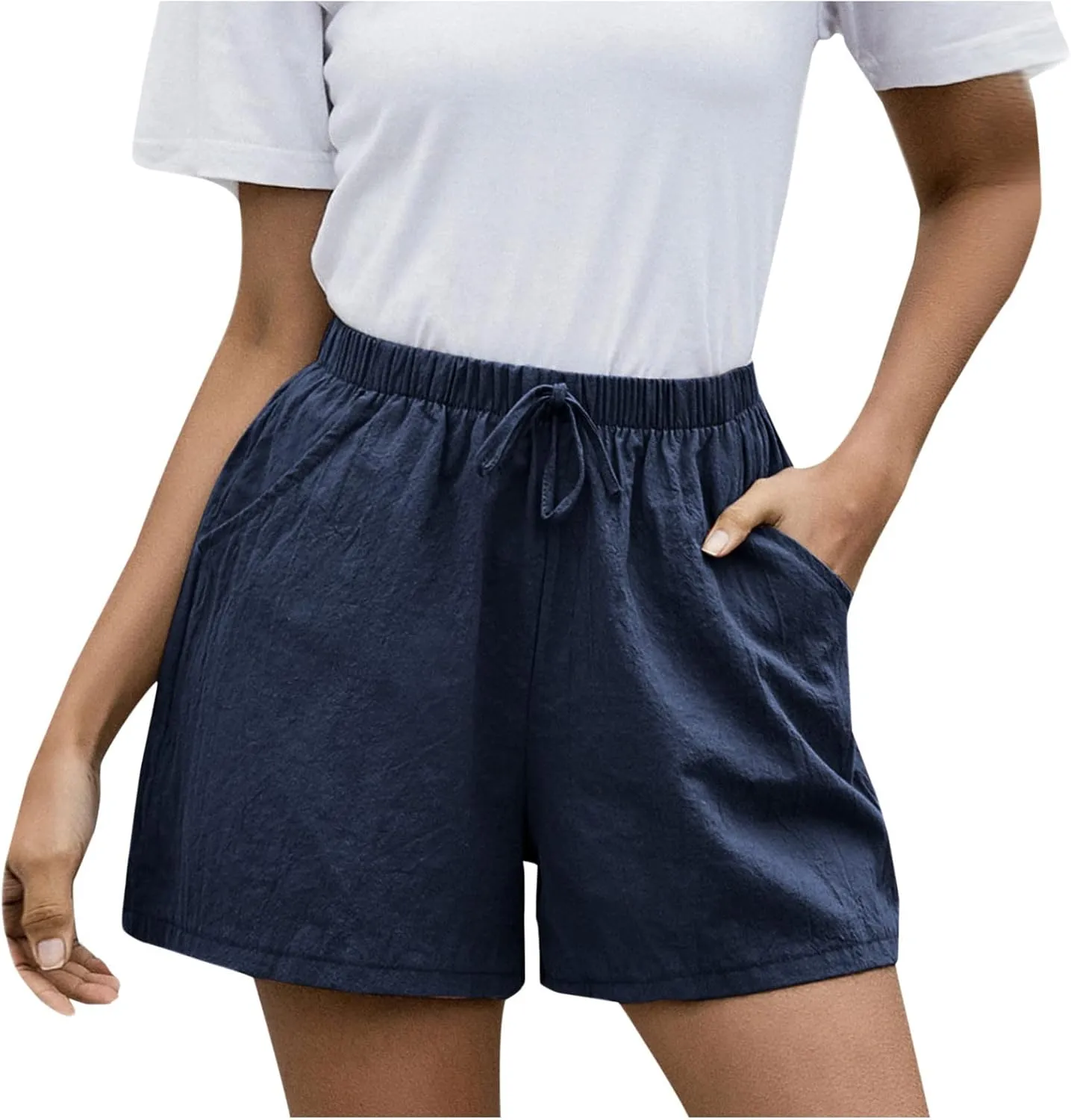 Work Shorts for Women Summer Comfy Linen Blend Pull On Short Breathable Drawstring Elastic Waist Work Trouser