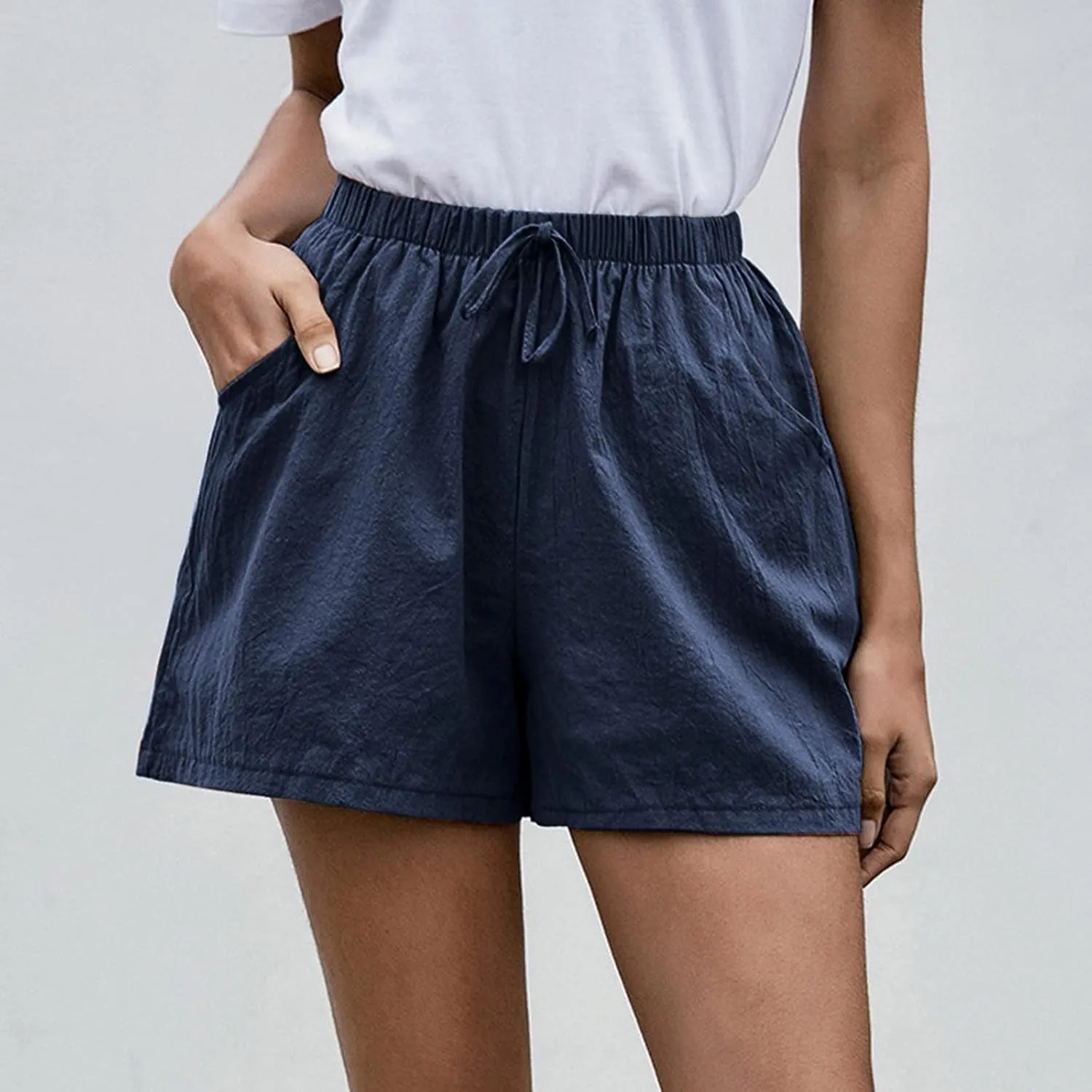 Work Shorts for Women Summer Comfy Linen Blend Pull On Short Breathable Drawstring Elastic Waist Work Trouser