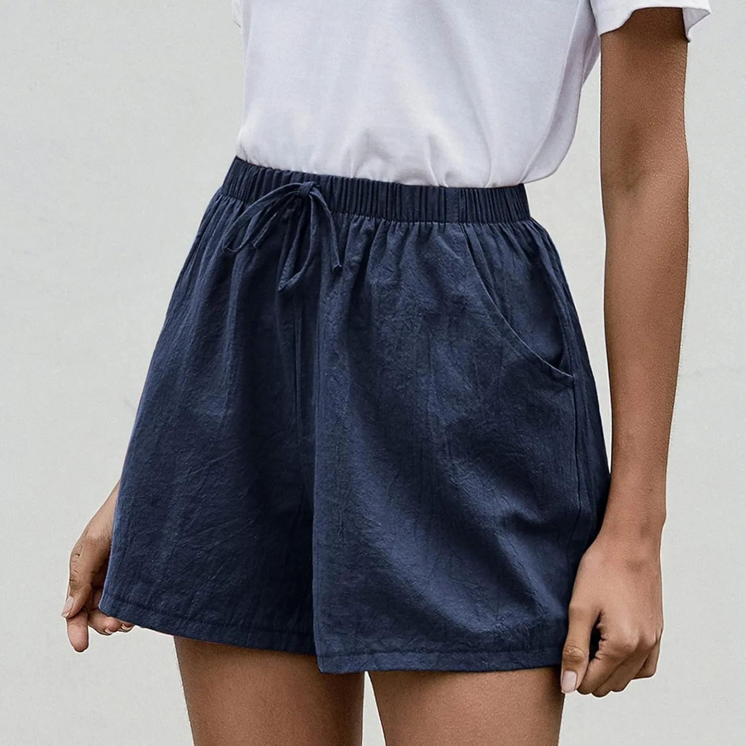 Work Shorts for Women Summer Comfy Linen Blend Pull On Short Breathable Drawstring Elastic Waist Work Trouser