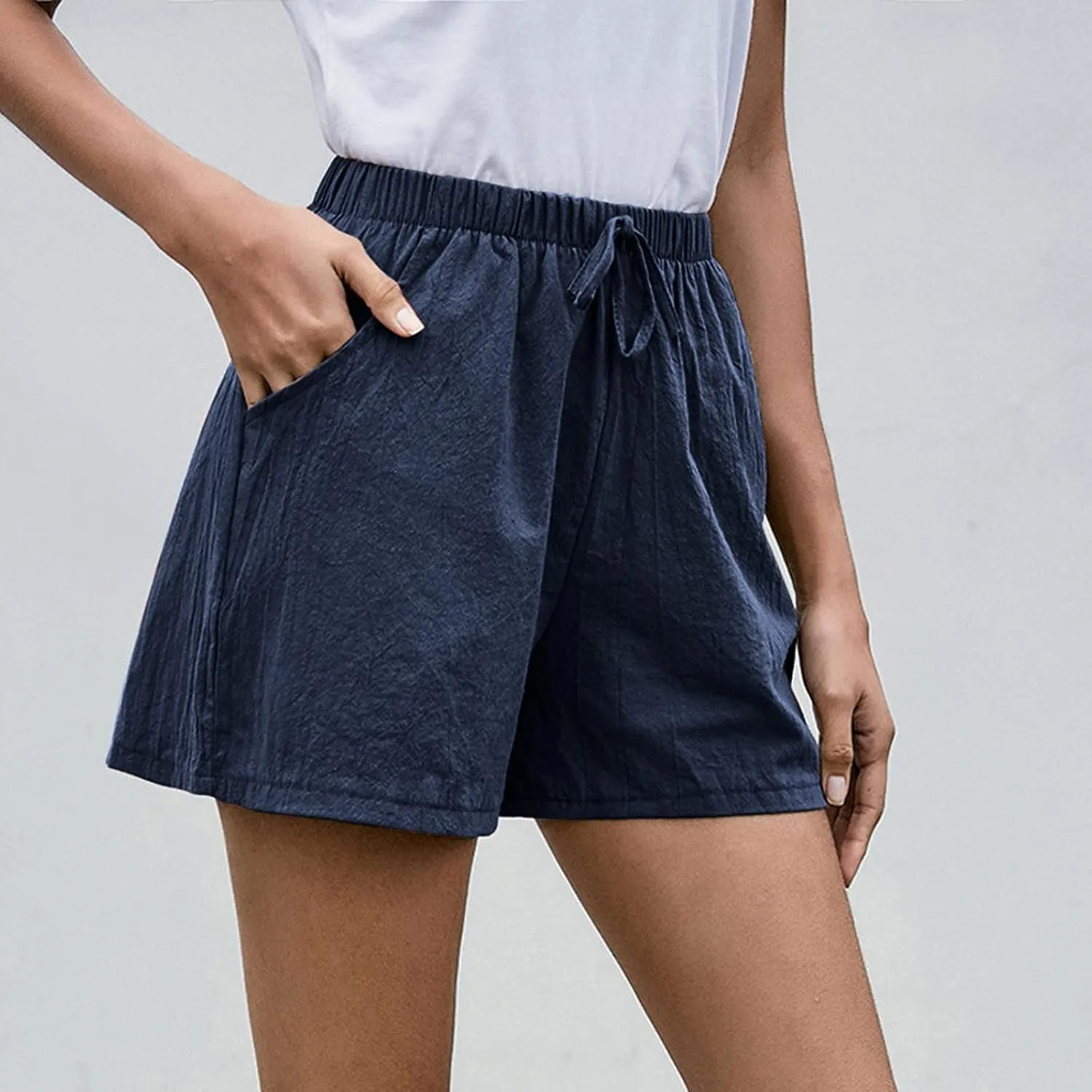 Work Shorts for Women Summer Comfy Linen Blend Pull On Short Breathable Drawstring Elastic Waist Work Trouser