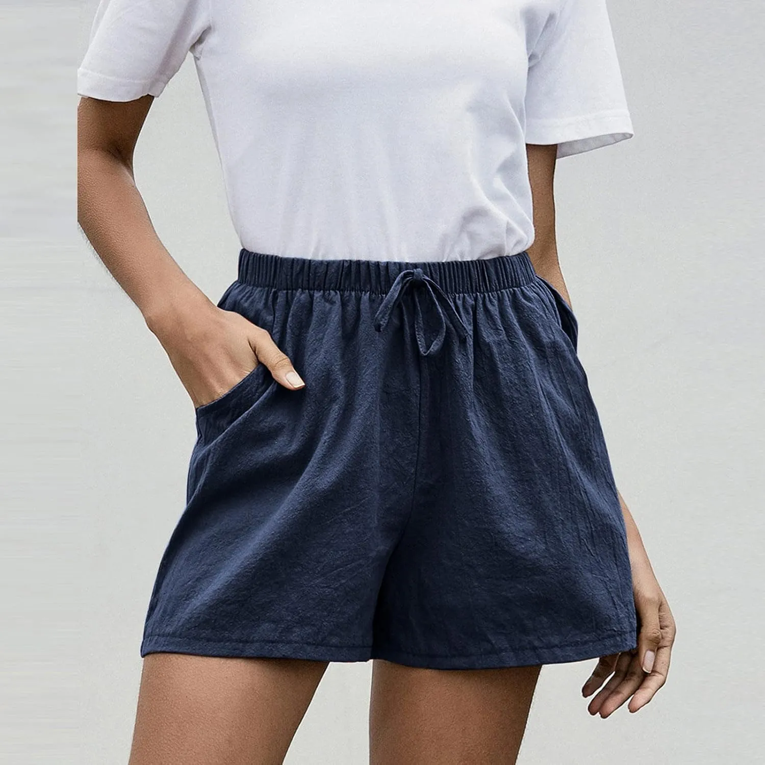 Work Shorts for Women Summer Comfy Linen Blend Pull On Short Breathable Drawstring Elastic Waist Work Trouser