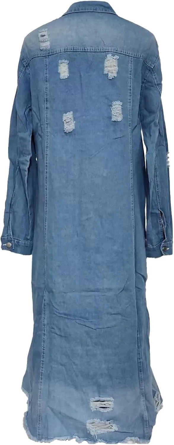 yardsong Womens Fashion Long Denim Jackets Button Down Long Sleeve Trench Coat Lapel Collar Boyfriend Jean Outerwear