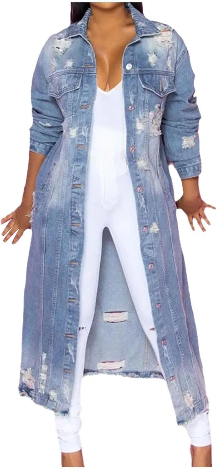 yardsong Womens Fashion Long Denim Jackets Button Down Long Sleeve Trench Coat Lapel Collar Boyfriend Jean Outerwear