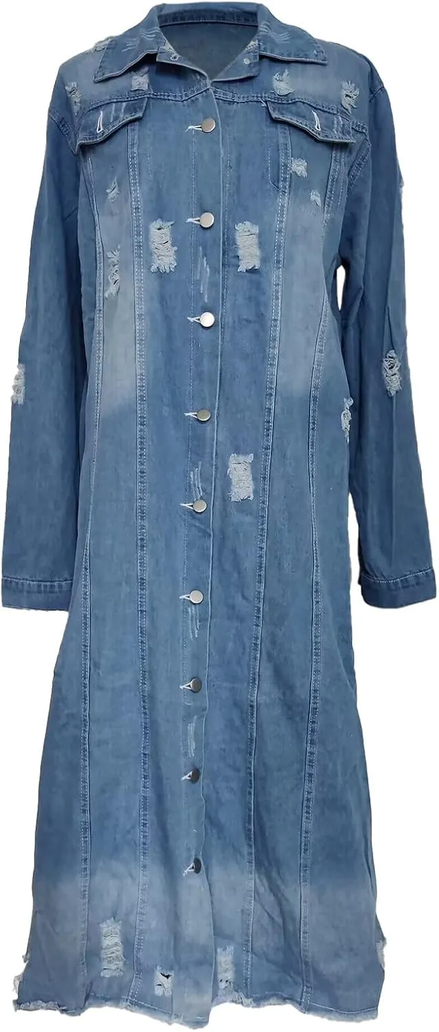 yardsong Womens Fashion Long Denim Jackets Button Down Long Sleeve Trench Coat Lapel Collar Boyfriend Jean Outerwear