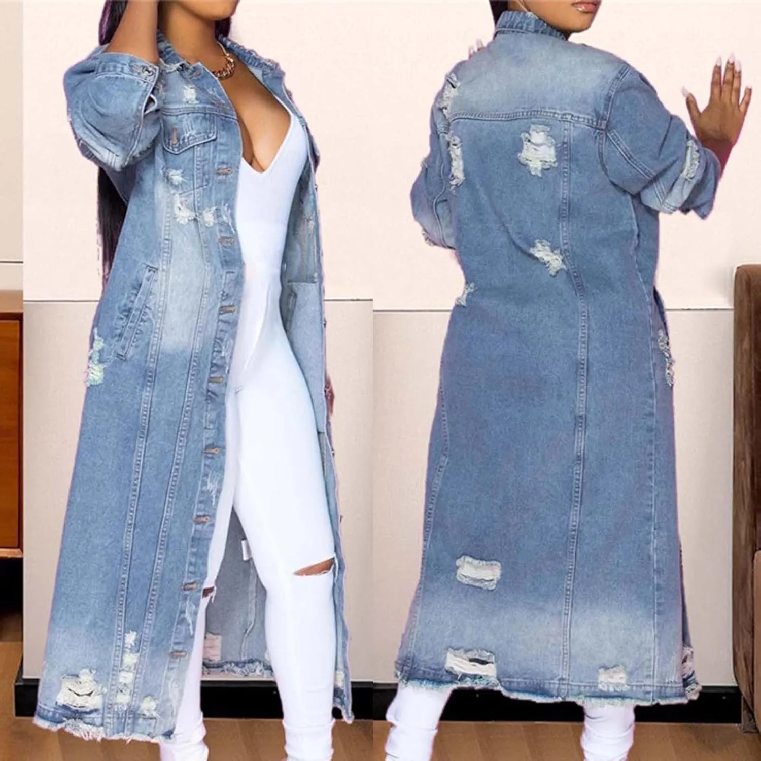 yardsong Womens Fashion Long Denim Jackets Button Down Long Sleeve Trench Coat Lapel Collar Boyfriend Jean Outerwear