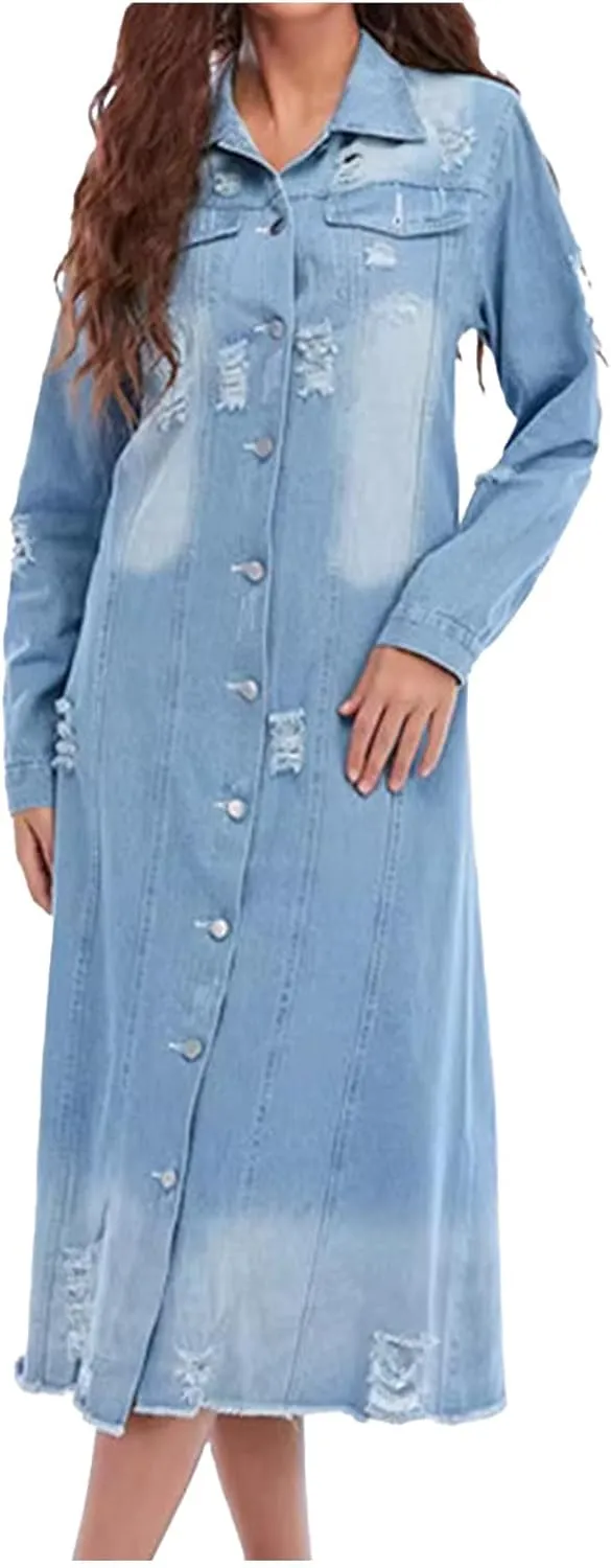 yardsong Womens Fashion Long Denim Jackets Button Down Long Sleeve Trench Coat Lapel Collar Boyfriend Jean Outerwear