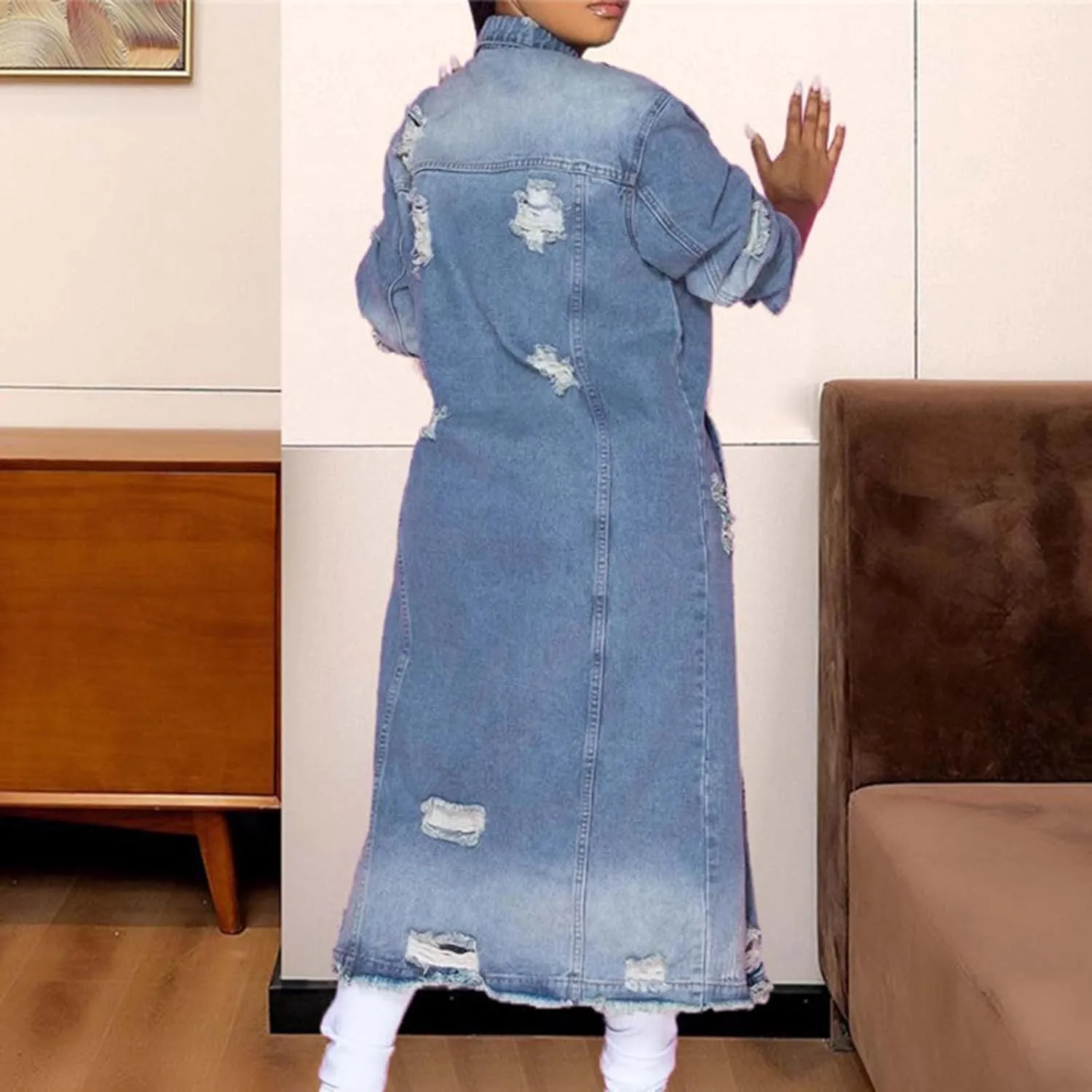 yardsong Womens Fashion Long Denim Jackets Button Down Long Sleeve Trench Coat Lapel Collar Boyfriend Jean Outerwear