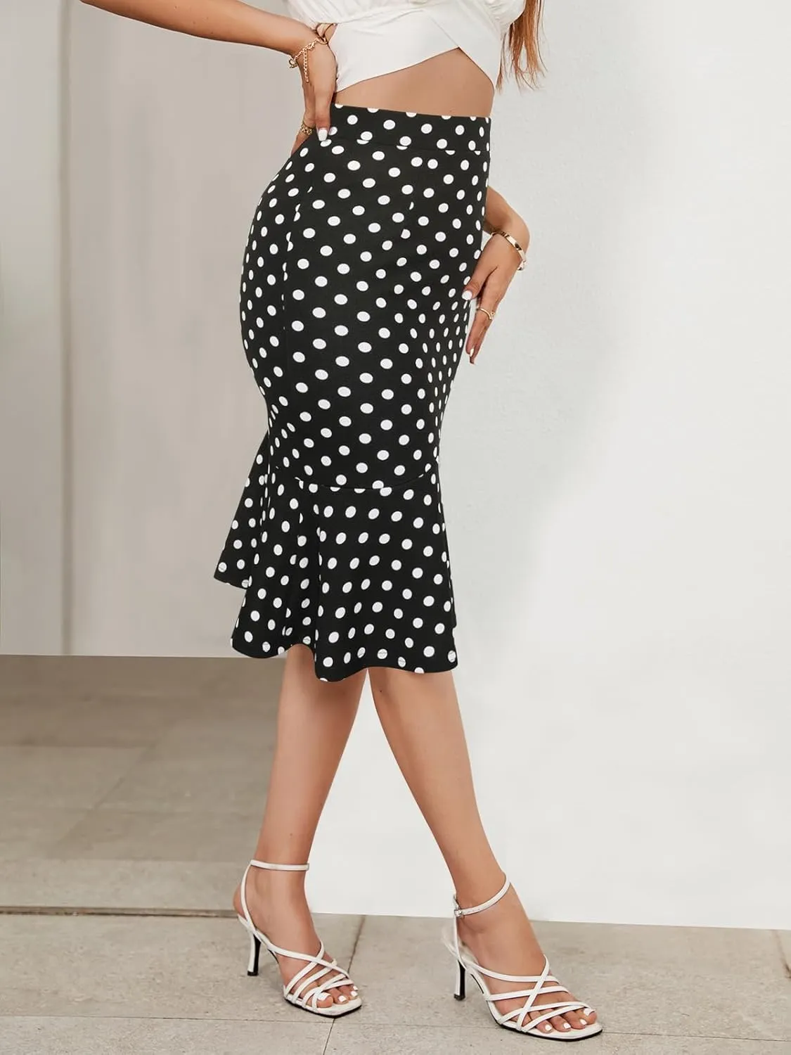 YATHON Pencil Skirt Midi Length for Women High Waist Stretch Work Casual Patterned Mermaid Skirts