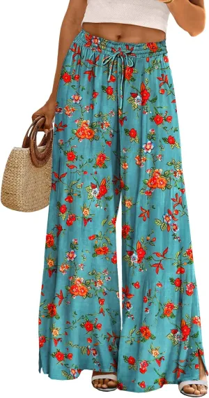 YESNO Women Summer Boho Palazzo Pants 2024 High Waist Wide Leg Floral Casual Cotton Lounge Trousers with Pockets 2XL PP0 CR014
