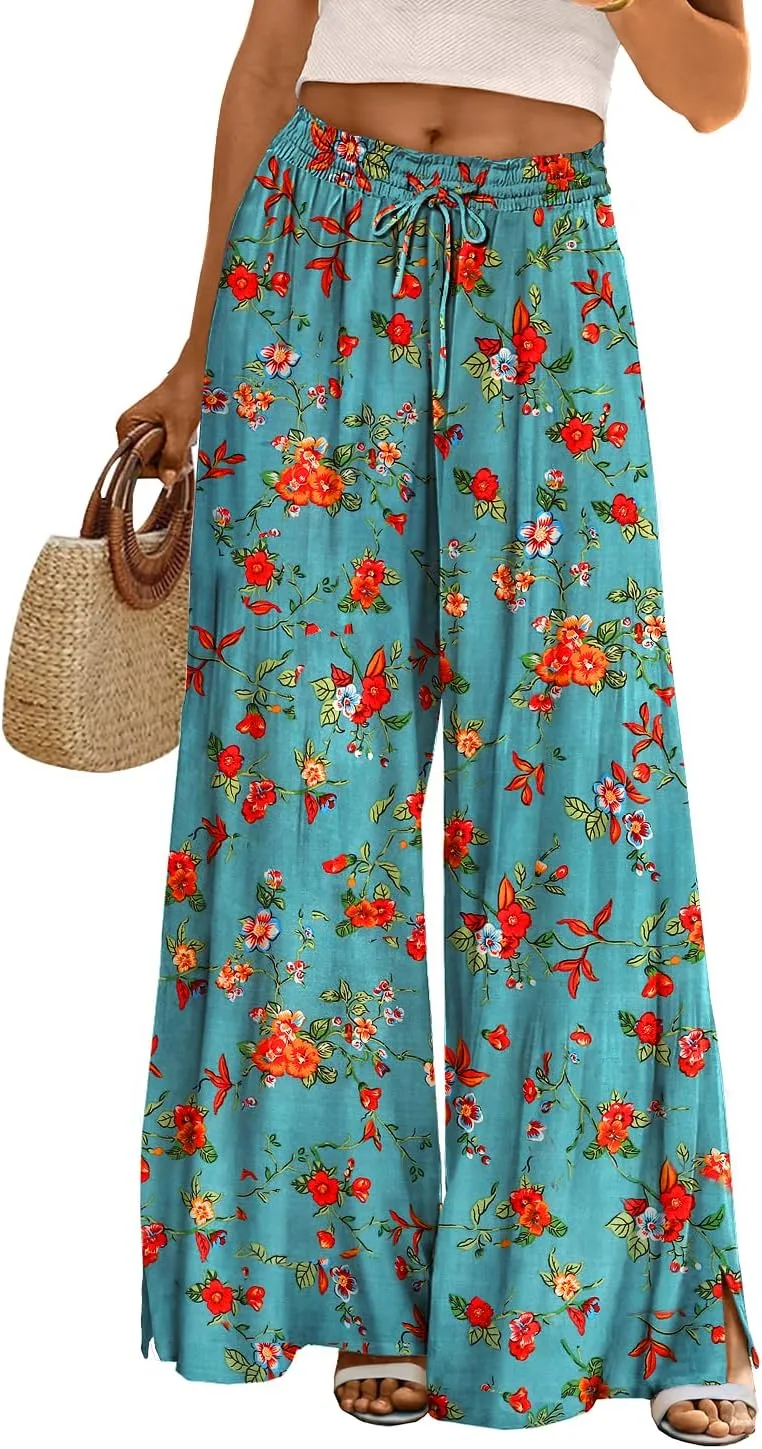YESNO Women Summer Boho Palazzo Pants 2024 High Waist Wide Leg Floral Casual Cotton Lounge Trousers with Pockets 2XL PP0 CR014
