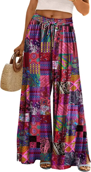 YESNO Women Summer Boho Palazzo Pants High Waist Wide Leg Floral Casual Cotton Lounge Trousers with Pockets L PP0 P002R