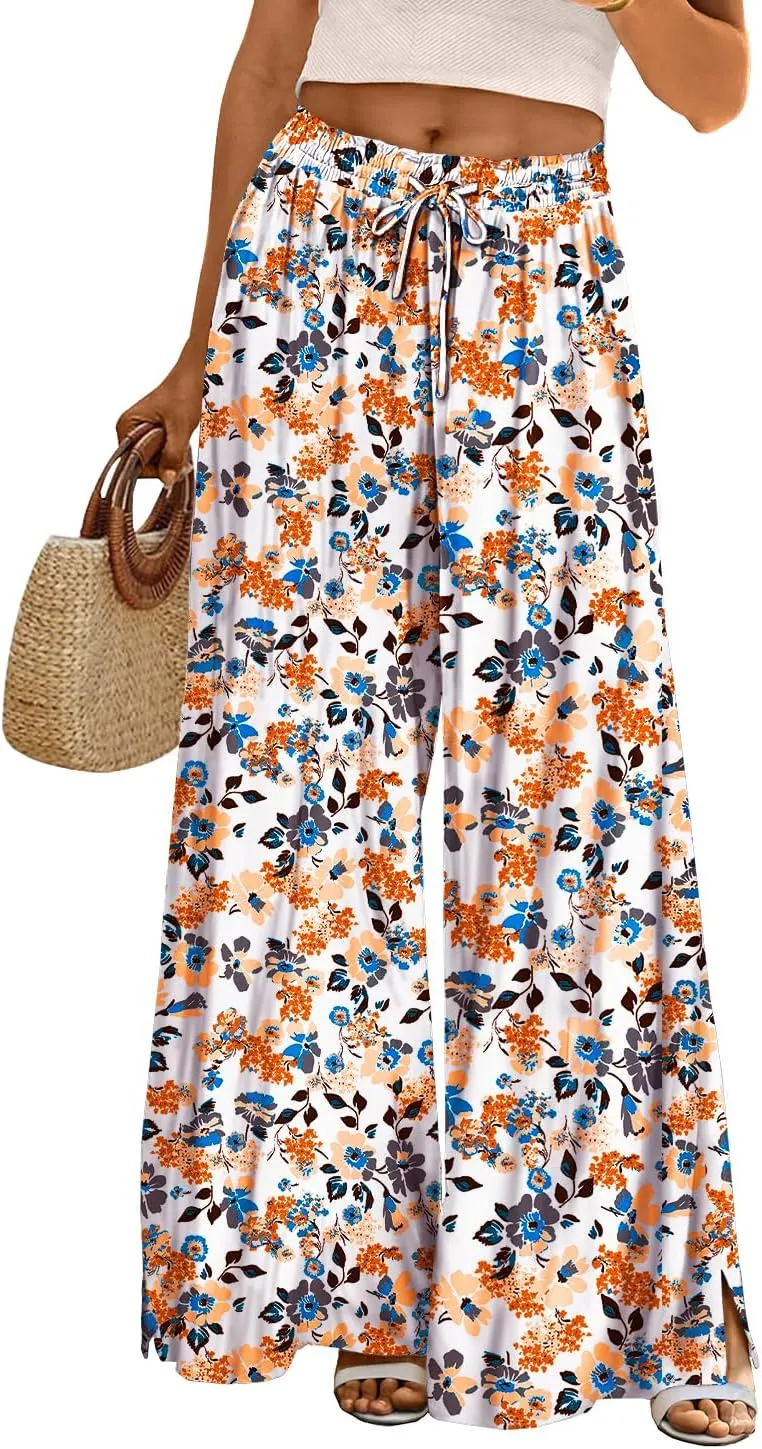 YESNO Women Summer Boho Palazzo Pants High Waist Wide Leg Floral Casual Cotton Lounge Trousers with Pockets PP0