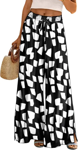 YESNO Women Summer Boho Palazzo Pants High Waist Wide Leg Floral Casual Cotton Lounge Trousers with Pockets PP0