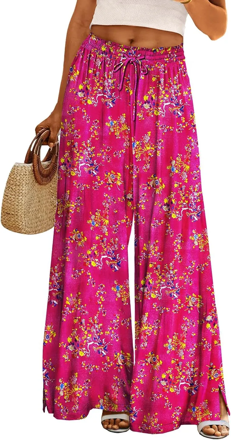 YESNO Women Summer Boho Palazzo Pants High Waist Wide Leg Floral Casual Cotton Lounge Trousers with Pockets PP0
