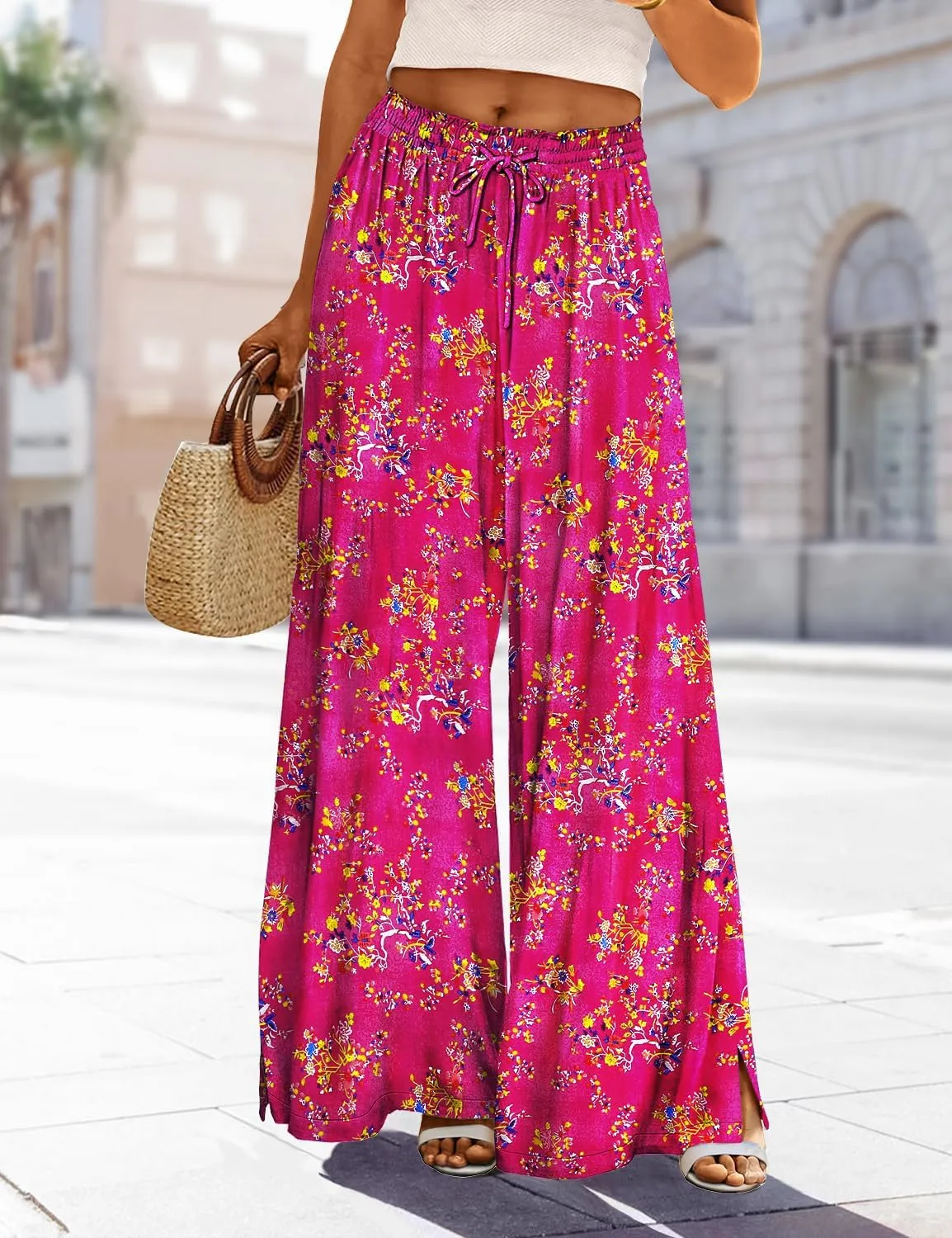 YESNO Women Summer Boho Palazzo Pants High Waist Wide Leg Floral Casual Cotton Lounge Trousers with Pockets PP0