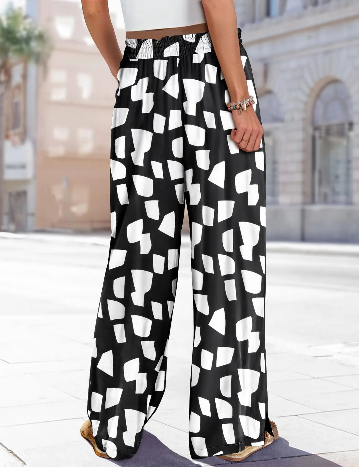 YESNO Women Summer Boho Palazzo Pants High Waist Wide Leg Floral Casual Cotton Lounge Trousers with Pockets PP0