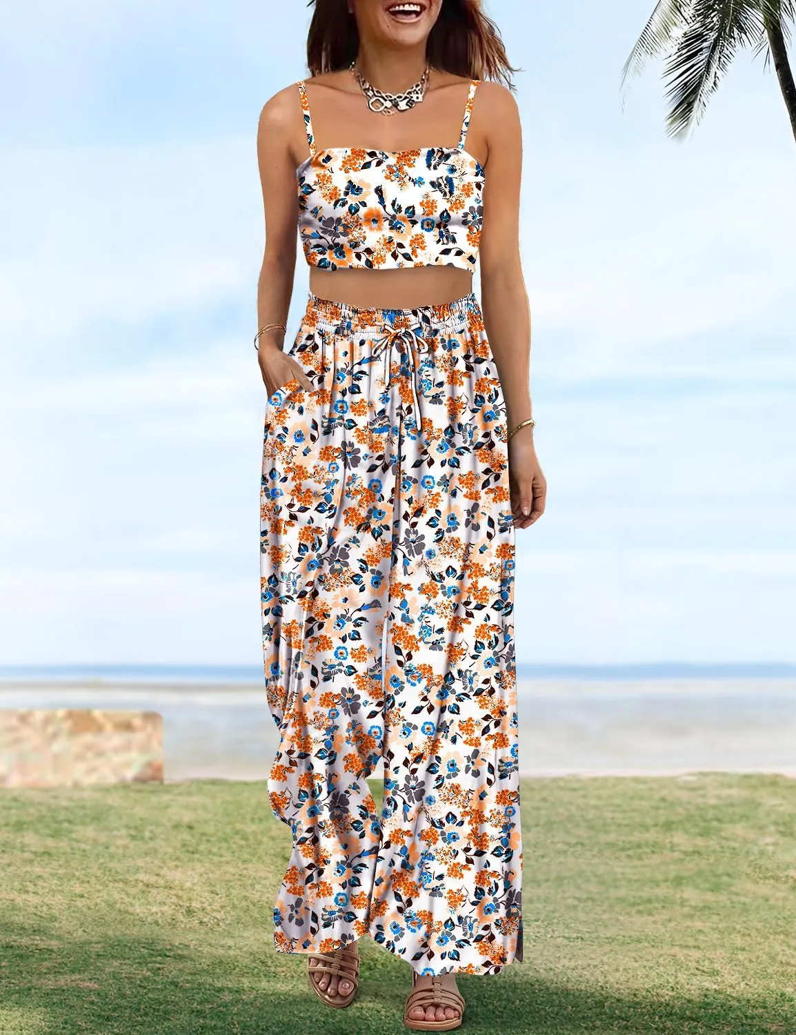 YESNO Women Summer Boho Palazzo Pants High Waist Wide Leg Floral Casual Cotton Lounge Trousers with Pockets PP0