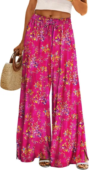 YESNO Women Summer Boho Palazzo Pants High Waist Wide Leg Floral Casual Cotton Lounge Trousers with Pockets PP0